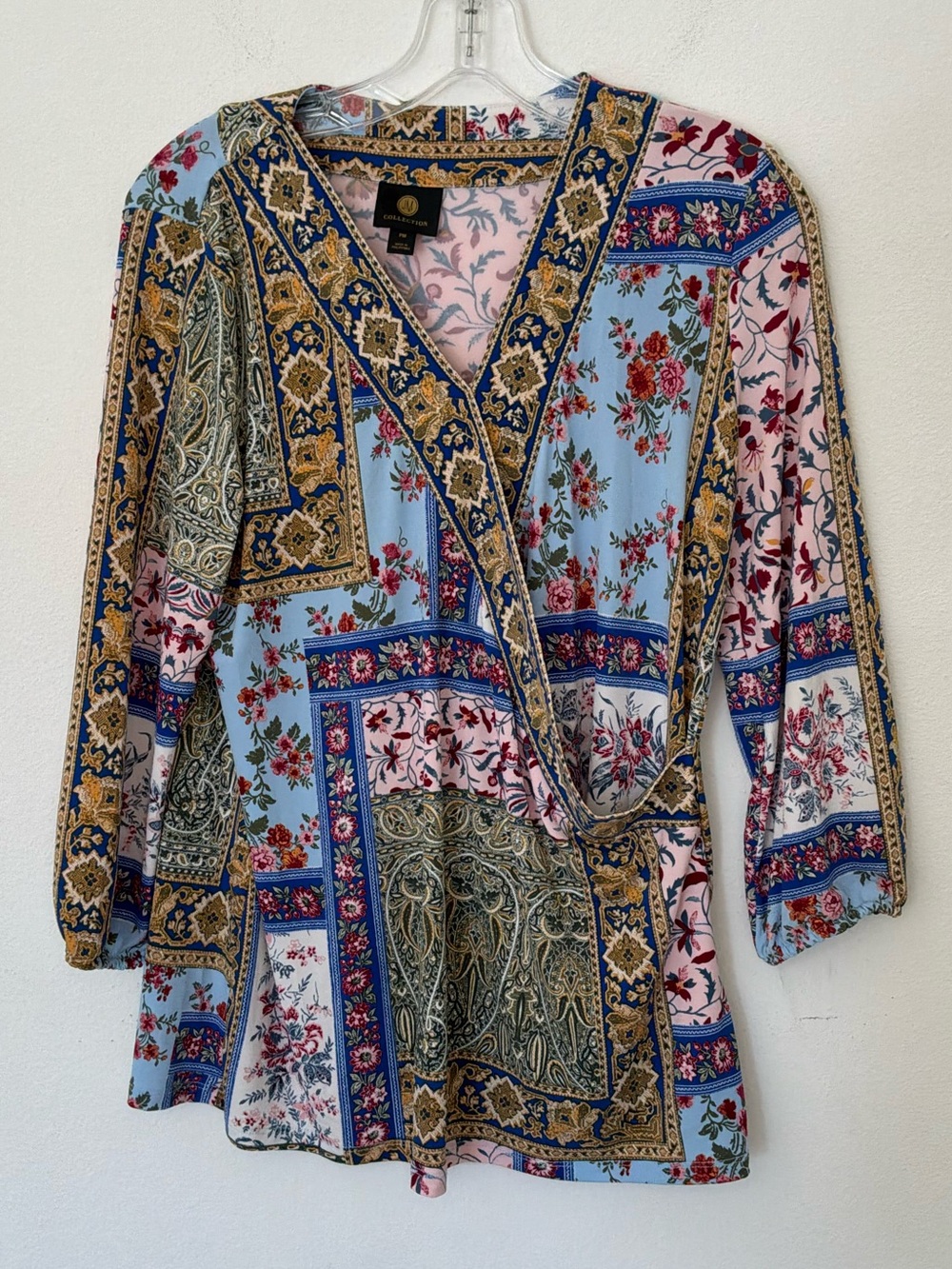 JM Collection Petite Medium Floral Paisley Faux Wrap 3/4 Sleeve Blouse Top